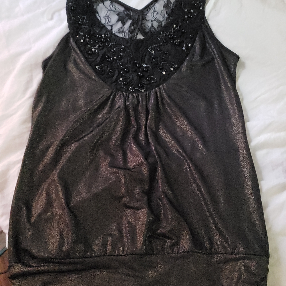 Black Sleeveless Top with Lace and Beaded Detail